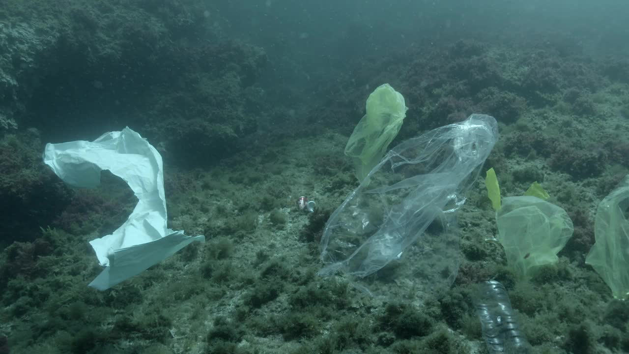 塑料袋、一个瓶子和一只凉鞋漂浮在海底。