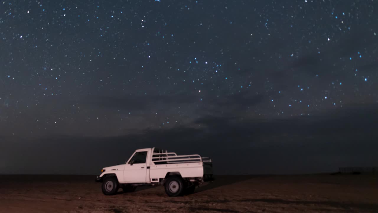 空旷的沙漠中骆驼农场营地上空夜空银河的流逝