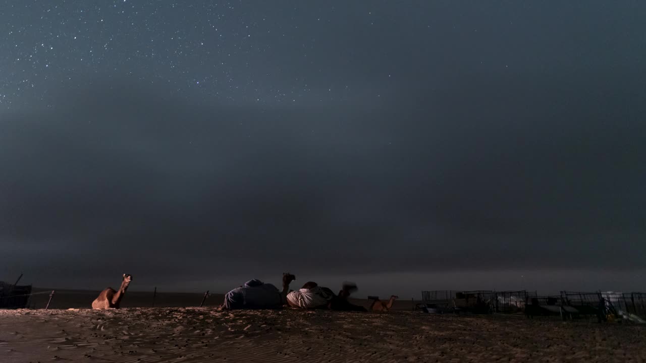 空旷的沙漠中骆驼农场营地上空夜空银河的流逝