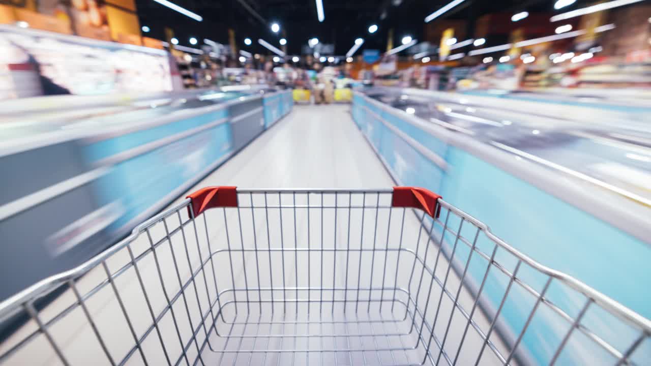 购物车在满是健康食品的超市过道和区域之间移动的时间流逝