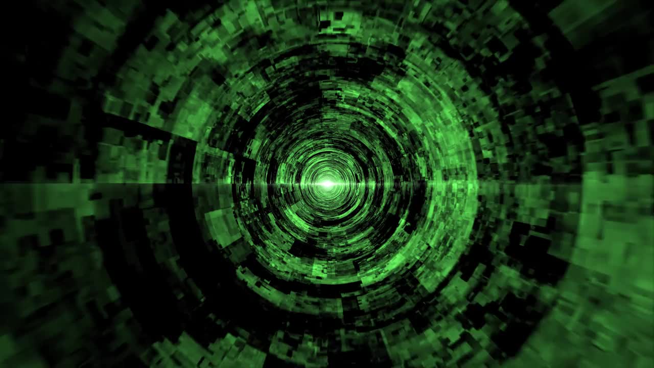 穿梭于由数字故障元素组成的绿色隧道中，具有明亮的灯光效果。计算机工程，现代科学，互联网连接和数据流的抽象背景。视频4k, 60 fps