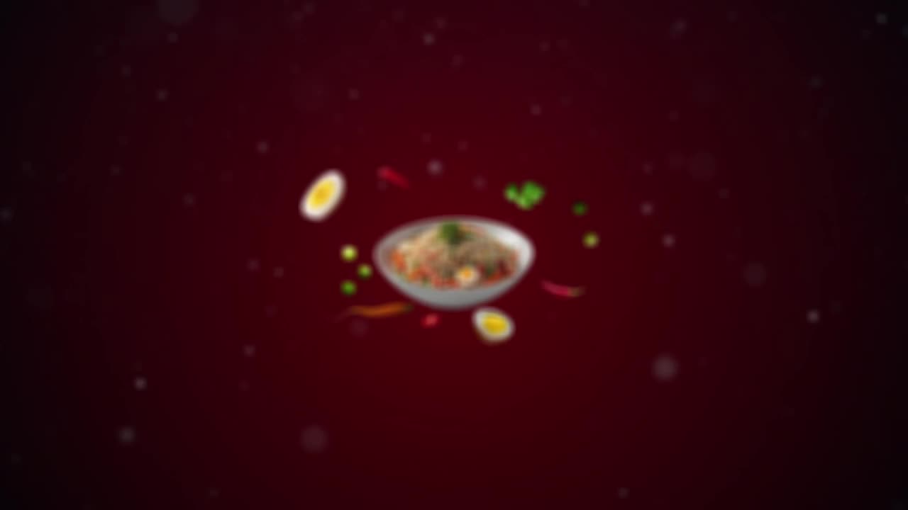 欧芹、鸡蛋和胡萝卜条炒饭动画介绍为亚洲菜肴的广告或市场推广，菜肴的食材在空中飞舞——价格标签或销售