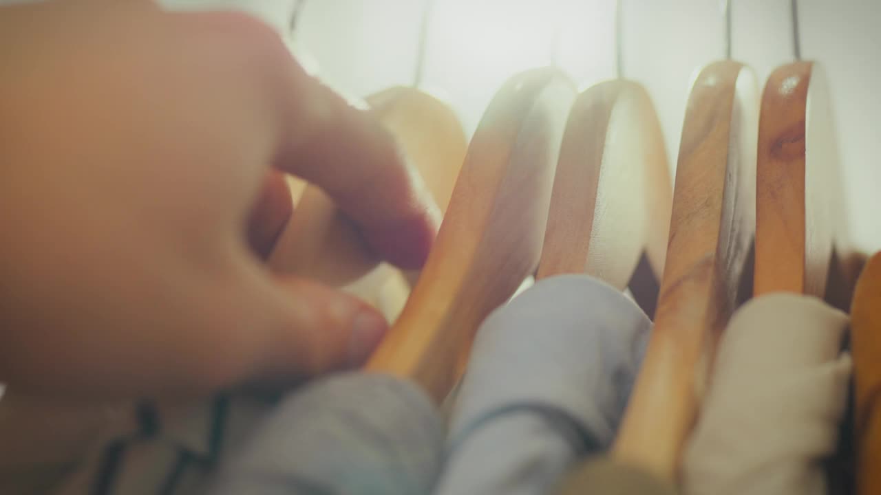 一名身穿白衬衫的亚洲男子正在一家配饰店的明亮柜台前愉快地挑选衣服
