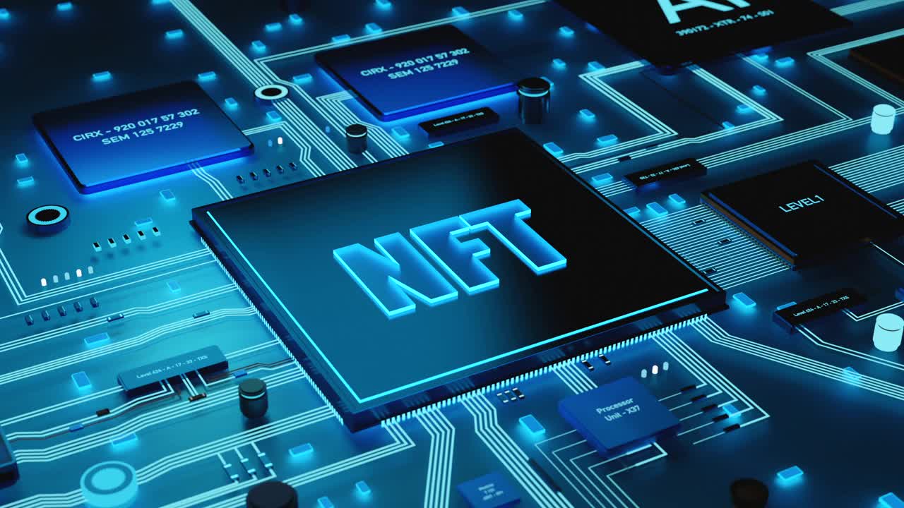 主板上的蓝色照明NFT(不可替代令牌)处理器。