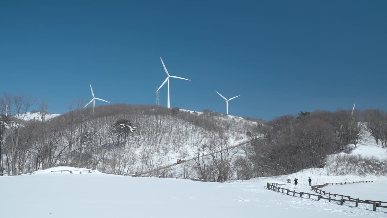 冬季的大关岭天空牧场——游客和步道穿过白雪皑皑的农田和蓝天映衬下的山丘上的风力涡轮机