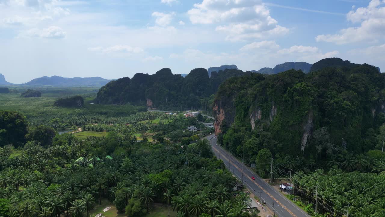 热带景观喀斯特山路棕榈树。可爱的空中俯瞰飞行全景概述无人机4 k