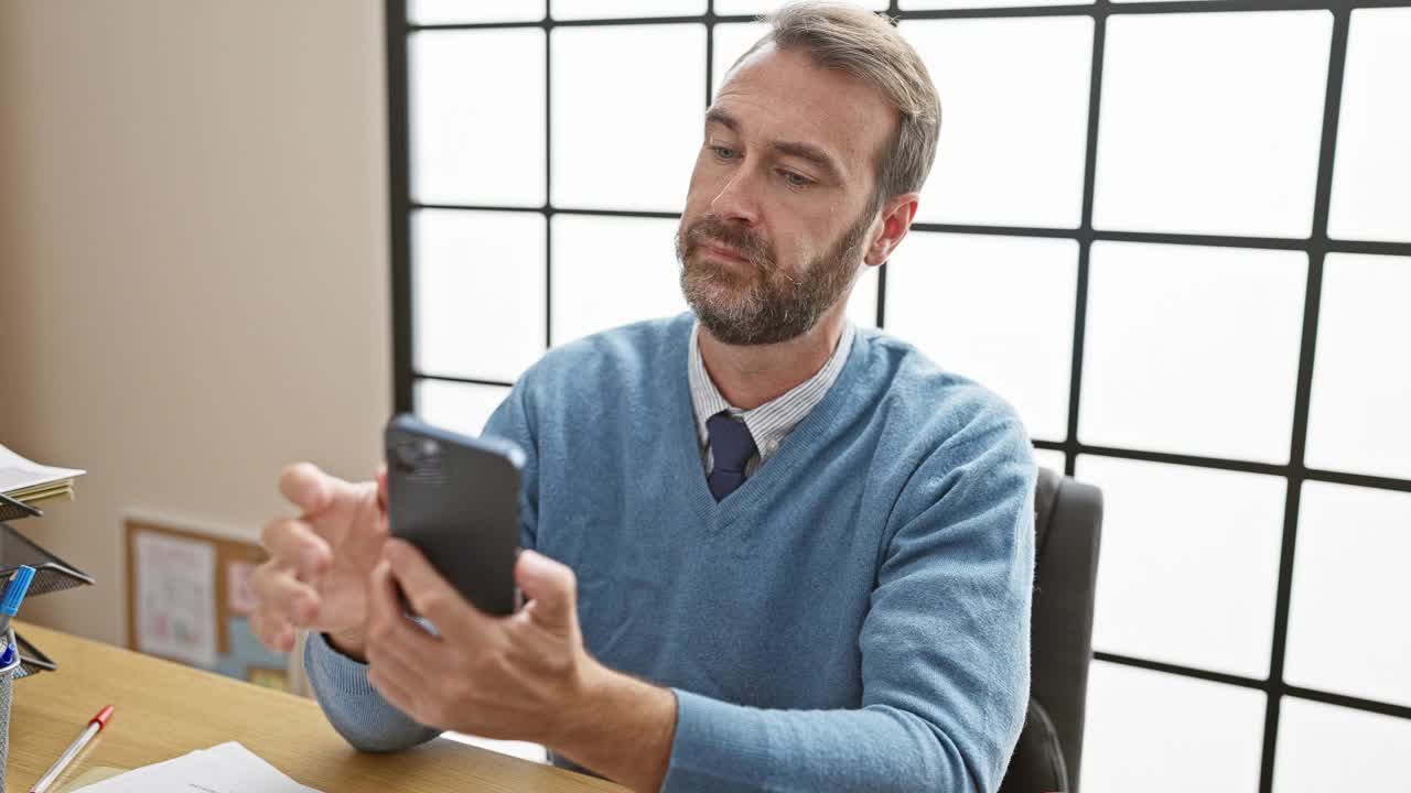 留胡子的中年男子在办公室使用智能手机，散发出专业和专注的气质。