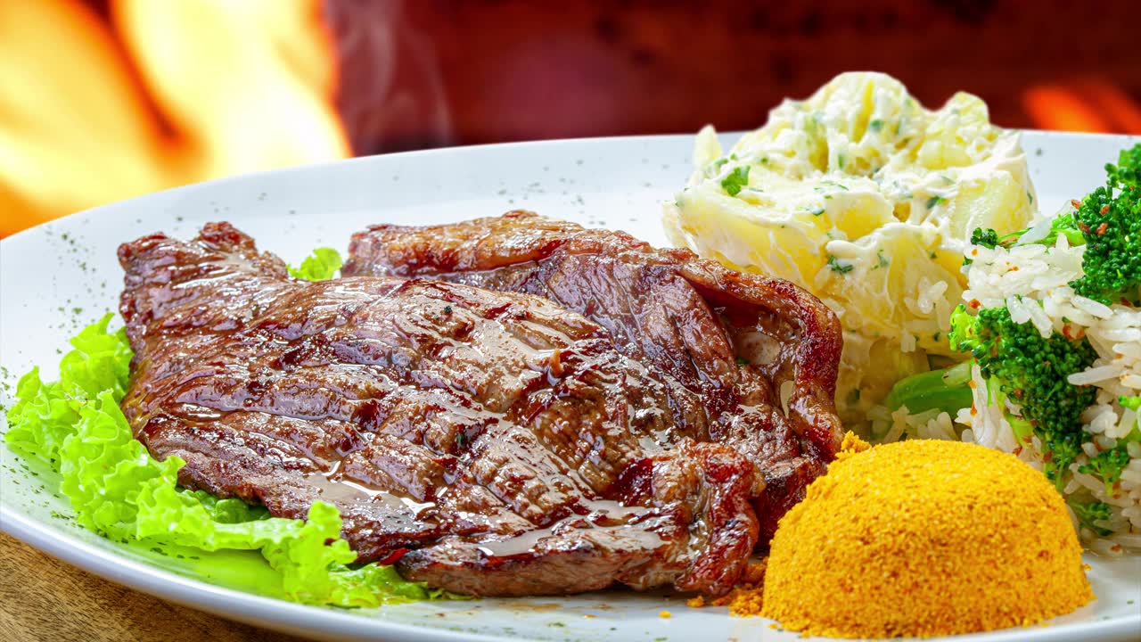 詳情圖-在烤肉架上烤的牛排、肉、土豆、法羅法和沙拉