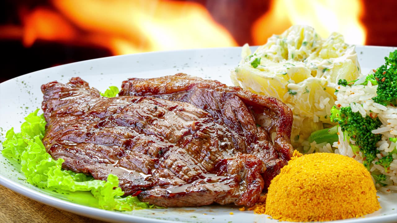 詳情圖-在烤肉架上烤的牛排、肉、土豆、法羅法和沙拉