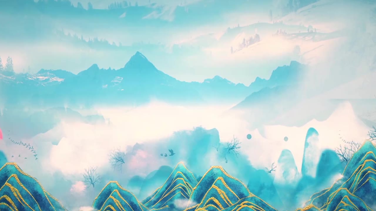 详情图-中国传统的，中国画以水墨在山间以花、树、鸟、河为背景的艺术品。中国山水画、风景艺术品、烟山、中国画风格