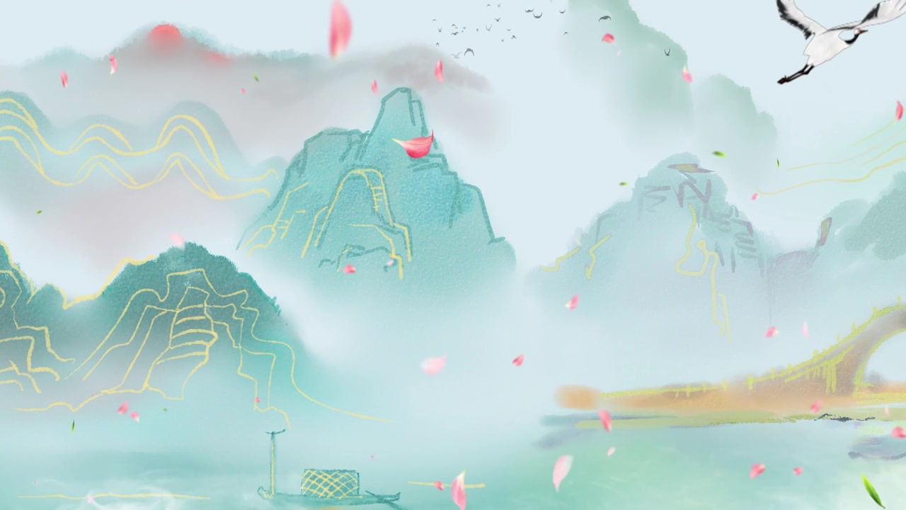 詳情圖-中國傳統(tǒng)的，中國畫以水墨在山間以花、樹、鳥、河為背景的藝術(shù)品。中國山水畫、風(fēng)景藝術(shù)品、煙山、中國畫風(fēng)格