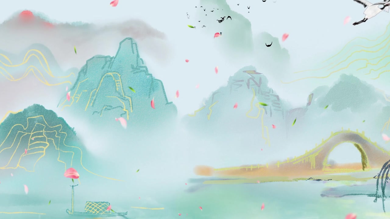 詳情圖-中國傳統(tǒng)的，中國畫以水墨在山間以花、樹、鳥、河為背景的藝術(shù)品。中國山水畫、風(fēng)景藝術(shù)品、煙山、中國畫風(fēng)格