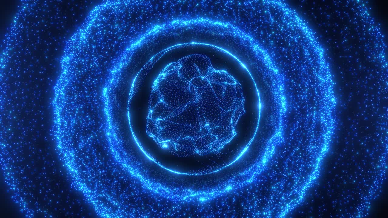 抽象发光球，能量球闪耀明亮，粒子与点的神奇波，抽象原子科学背景，无缝循环