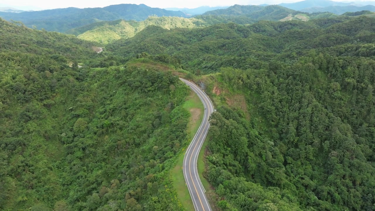詳情圖-鳥(niǎo)瞰深綠色的森林道路和白色的電動(dòng)車自然景觀和高架道路探險(xiǎn)旅行交通和環(huán)保理念