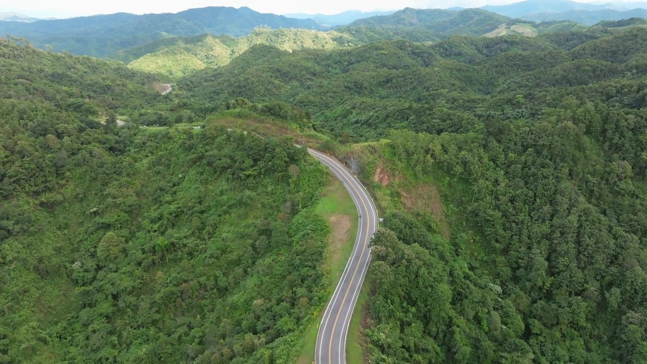 詳情圖-鳥(niǎo)瞰深綠色的森林道路和白色的電動(dòng)車自然景觀和高架道路探險(xiǎn)旅行交通和環(huán)保理念