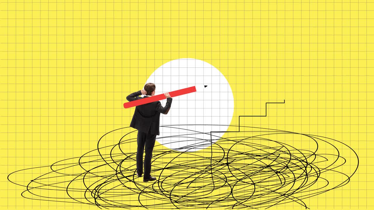 定格运动，动画。商人、员工思维、个人和职业成功。为成长画阶梯