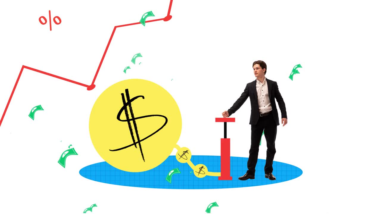 定格运动，动画。商人、金融分析师与金钱打交道，为增长和利润制定盈利策略