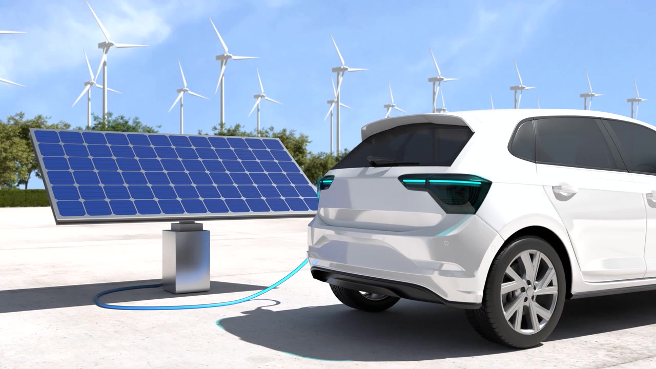 詳情圖-在充電站充電的電動汽車，以風力渦輪機為背景，電力是一種替代燃料