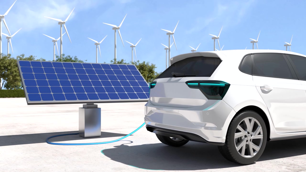 詳情圖-在充電站充電的電動汽車，以風力渦輪機為背景，電力是一種替代燃料