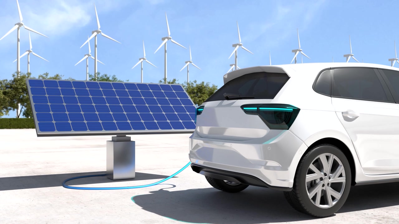 詳情圖-在充電站充電的電動汽車，以風力渦輪機為背景，電力是一種替代燃料