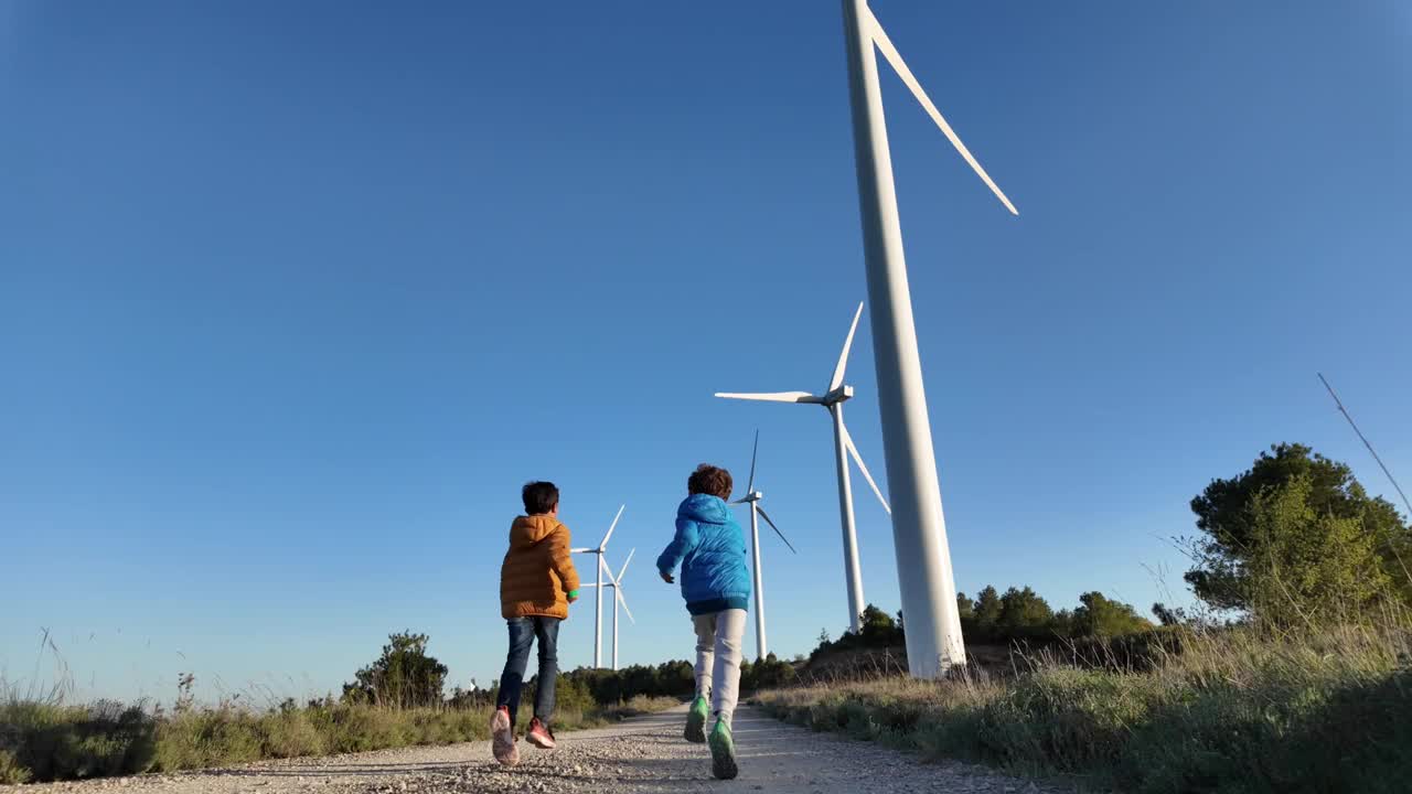 两个8岁和6岁的孩子在有风力涡轮机的田地里奔跑。强调可持续性、环境保护、可再生能源和能源自由。