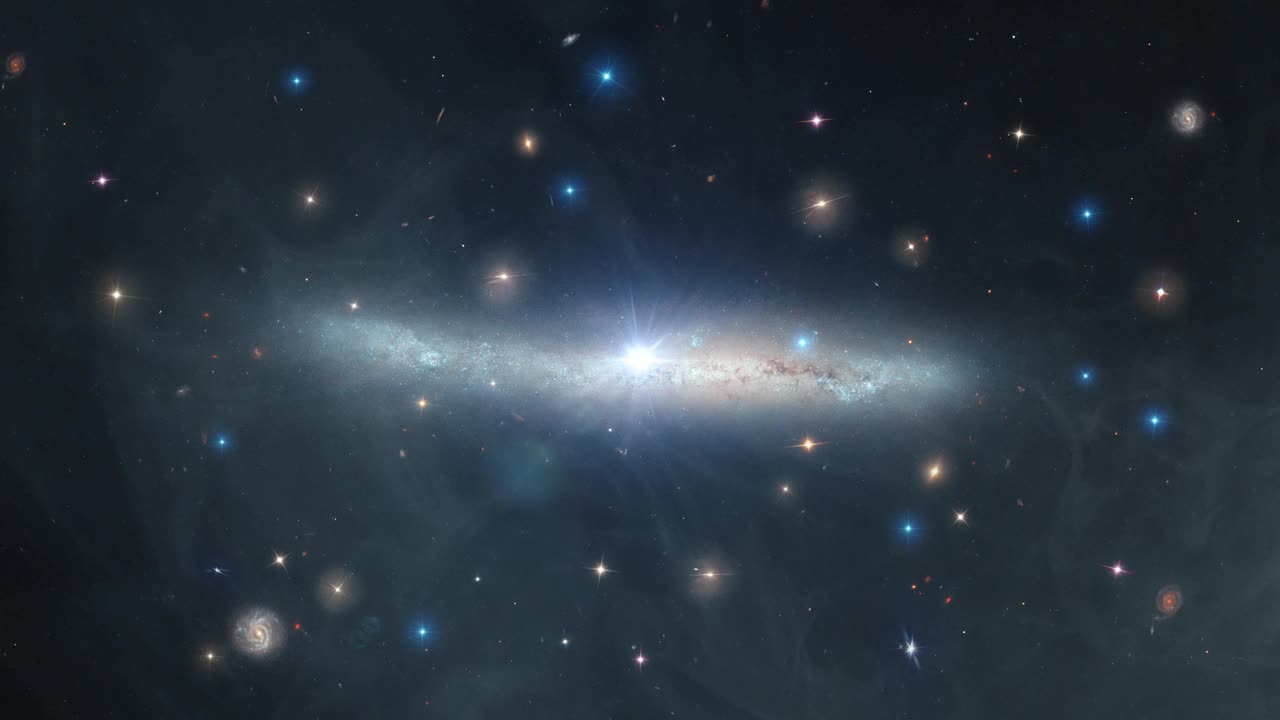 太空旅行NGC4423螺旋星系，穿越太空中的恒星场，4K 3D科学电影。这张图片的元素由美国宇航局提供。