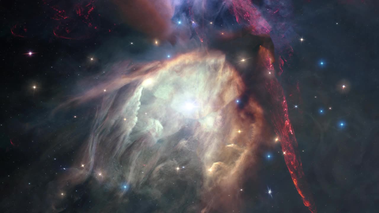 太空旅行蛇夫座星云复合体的星际云与不同的星云。在太空中穿越恒星场，拍摄科学电影的4K 3D。这张图片的元素由美国宇航局提供。