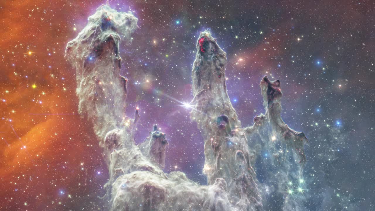 到创世之柱的太空旅行。太空飞行到恒星场、星系和星云的深空探索。由NASA图片提供的元素。