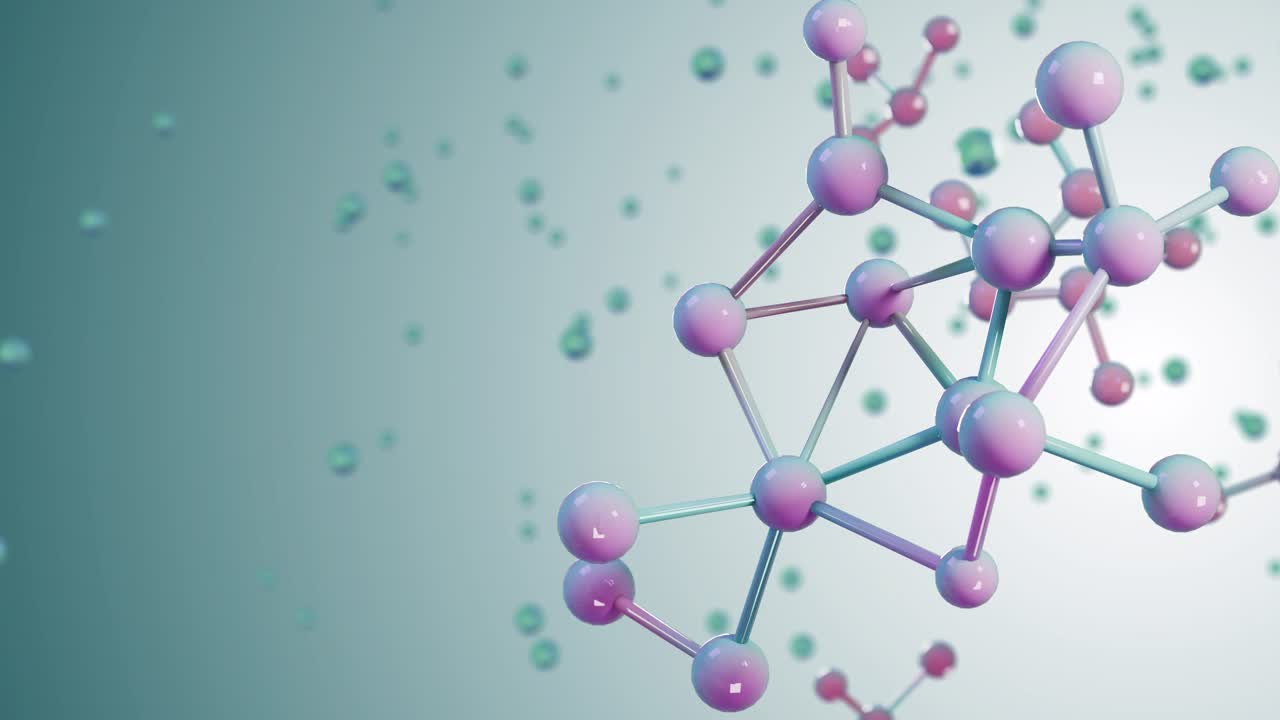 原子和分子抽象三维图形动画。抽象分子晶格、细胞结构