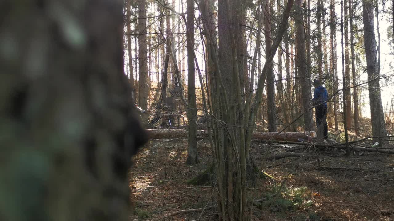 拖拉机钩爪打开，抓住森林里的松木，伐木工人站在那里看着