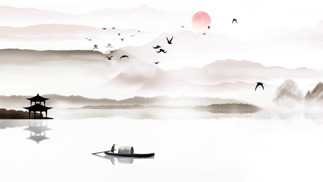 詳情圖-中國傳統(tǒng)的東方數(shù)字藝術動畫，中國畫水墨以山中花、樹、鳥、河中霧為背景的藝術品。中國山水、風景藝術品、煙山