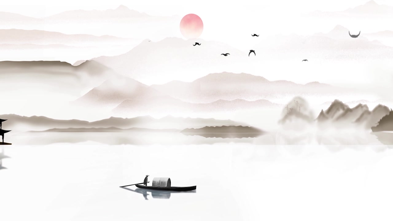 詳情圖-中國傳統(tǒng)的東方數(shù)字藝術動畫，中國畫水墨以山中花、樹、鳥、河中霧為背景的藝術品。中國山水、風景藝術品、煙山