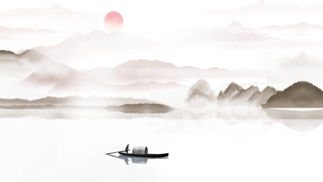 詳情圖-中國傳統(tǒng)的東方數(shù)字藝術動畫，中國畫水墨以山中花、樹、鳥、河中霧為背景的藝術品。中國山水、風景藝術品、煙山