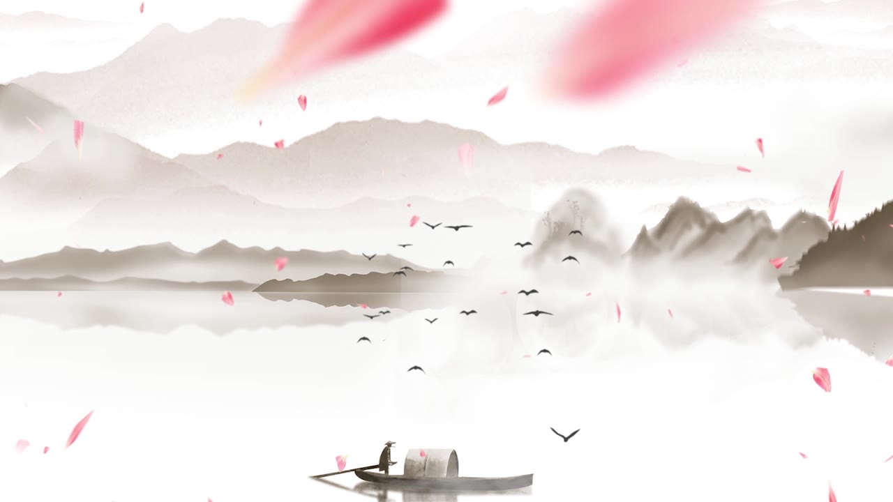 详情图-中国传统的东方数字艺术动画，中国画水墨以山中花、树、鸟、河中雾为背景的艺术品。中国山水、风景艺术品、烟山