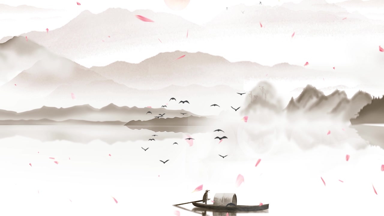 详情图-中国传统的东方数字艺术动画，中国画水墨以山中花、树、鸟、河中雾为背景的艺术品。中国山水、风景艺术品、烟山