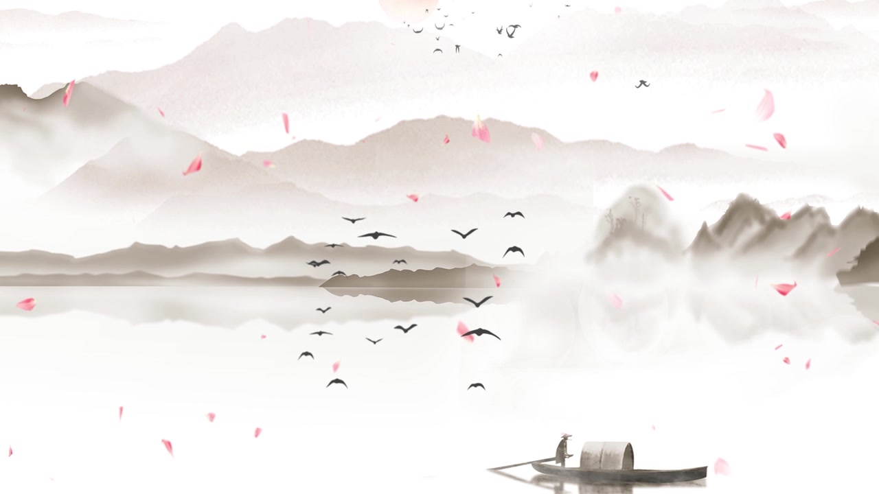 详情图-中国传统的东方数字艺术动画，中国画水墨以山中花、树、鸟、河中雾为背景的艺术品。中国山水、风景艺术品、烟山