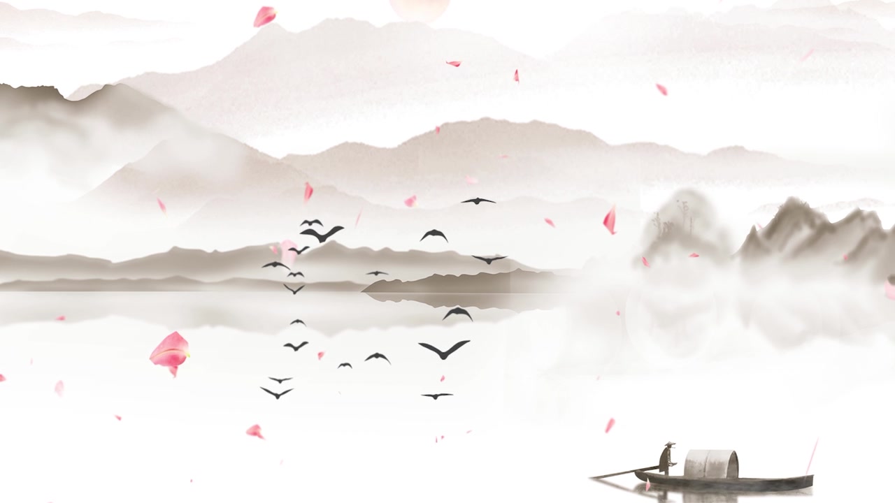 详情图-中国传统的东方数字艺术动画，中国画水墨以山中花、树、鸟、河中雾为背景的艺术品。中国山水、风景艺术品、烟山