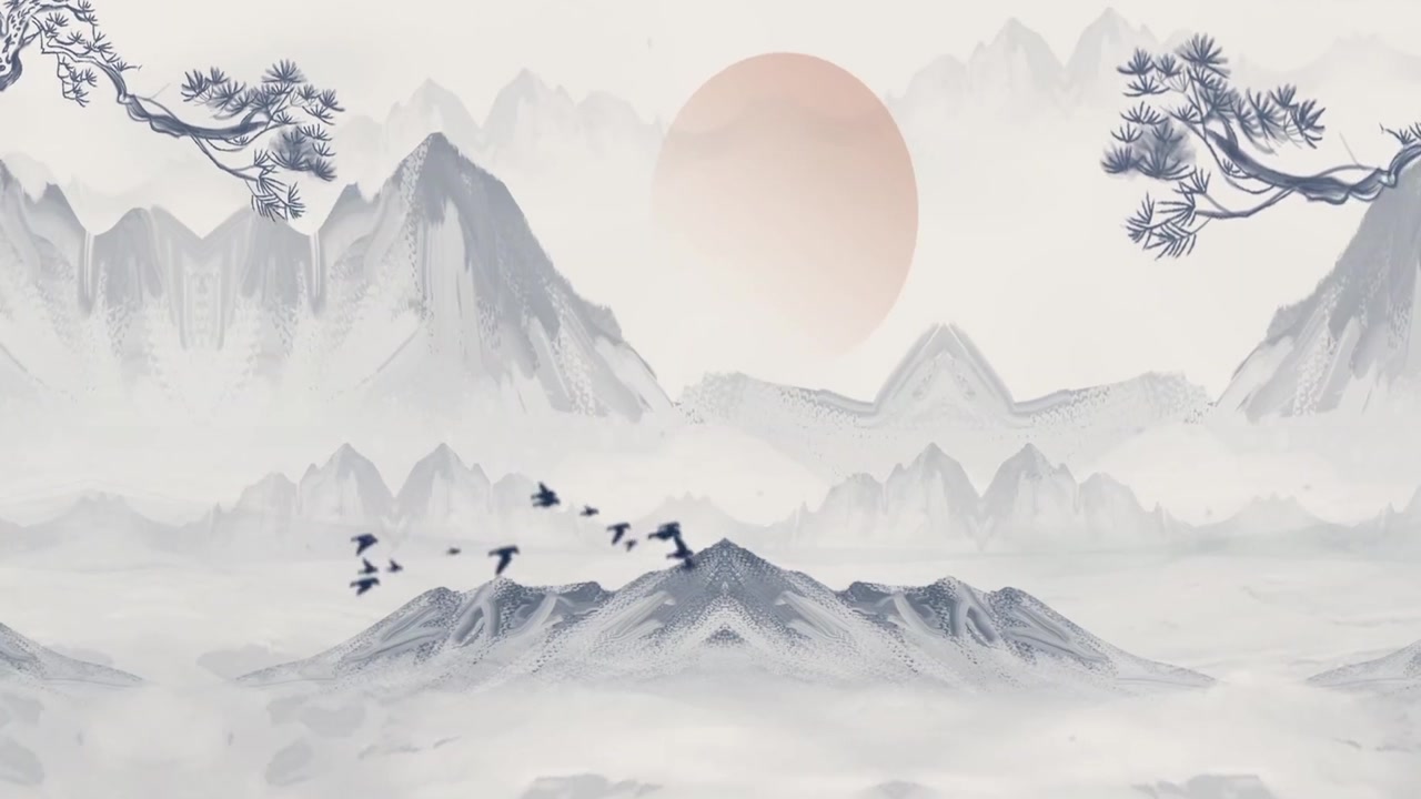 詳情圖-中國傳統(tǒng)的東方數(shù)字藝術(shù)動(dòng)畫，中國畫水墨以山中花、樹、鳥、河中霧為背景的藝術(shù)品。中國山水、風(fēng)景藝術(shù)品、煙山