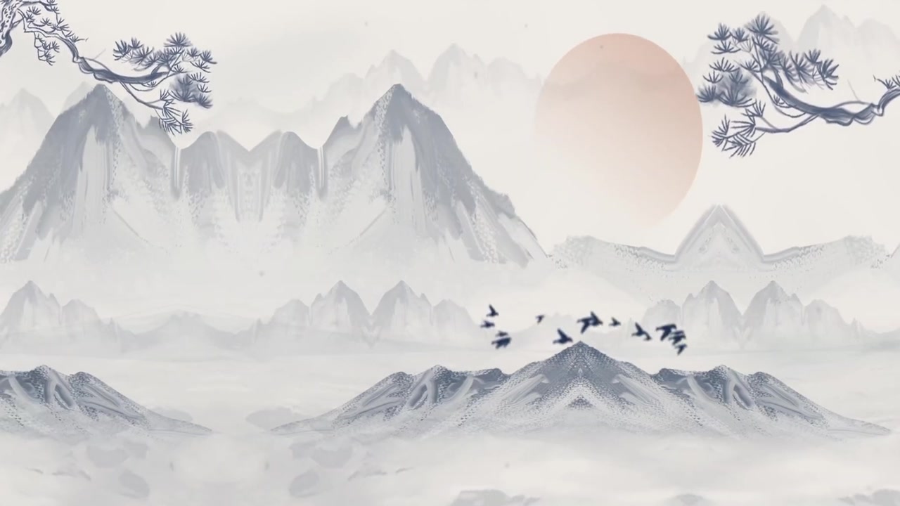 詳情圖-中國傳統(tǒng)的東方數(shù)字藝術(shù)動(dòng)畫，中國畫水墨以山中花、樹、鳥、河中霧為背景的藝術(shù)品。中國山水、風(fēng)景藝術(shù)品、煙山