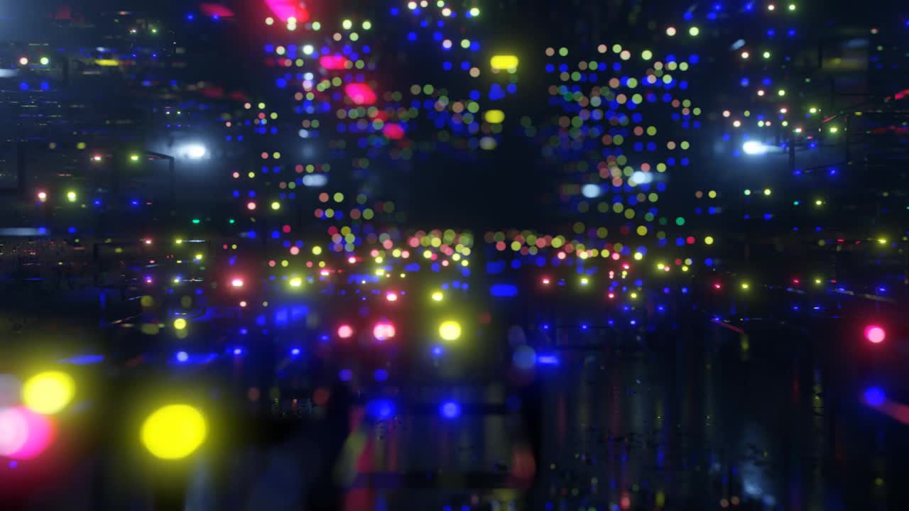 空气中的障碍物。大空间。在五彩缤纷的霓虹灯下飞越科技网络空间。穿越高科技隧道的科幻飞行。全息图和霓虹灯。3d循环4k bg。数据流。景深