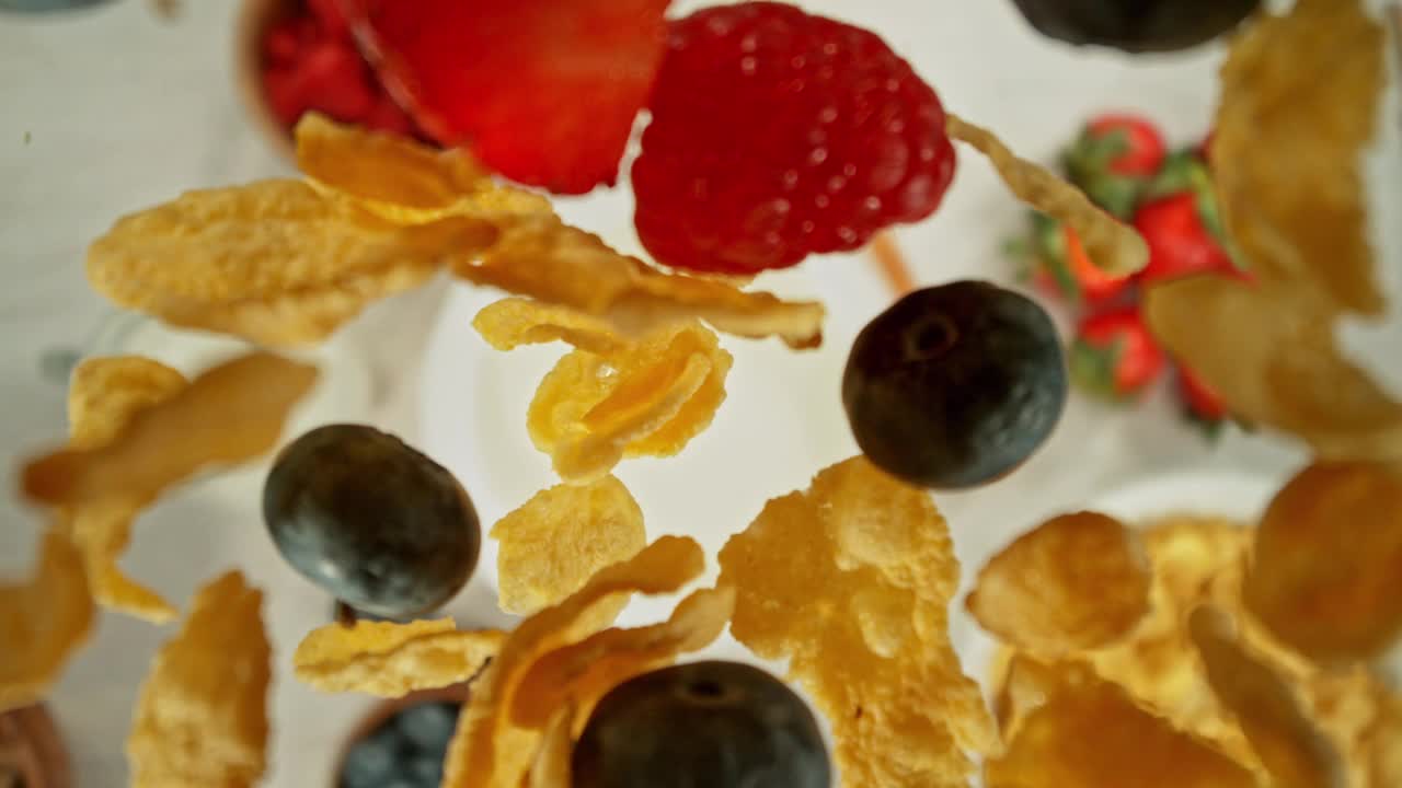 谷物落入牛奶的超级慢动作。