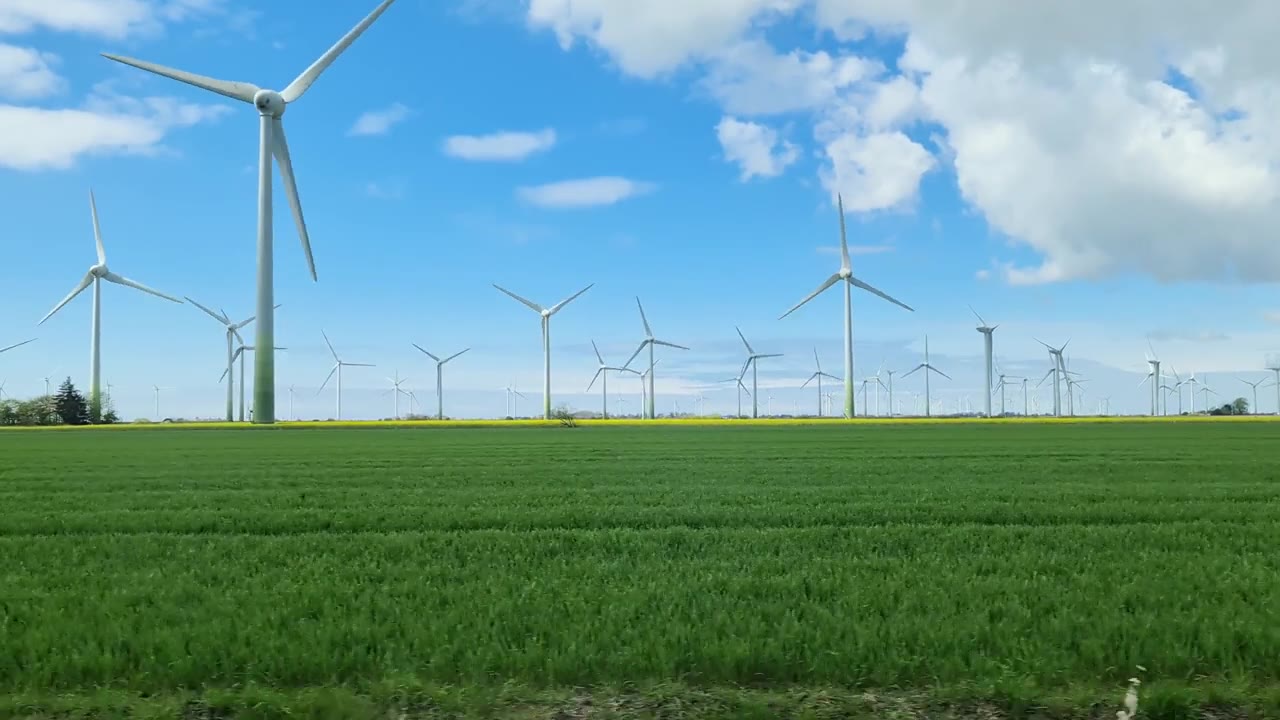詳情圖-從行駛中的汽車側窗看到草地上的大型風力發(fā)電場。