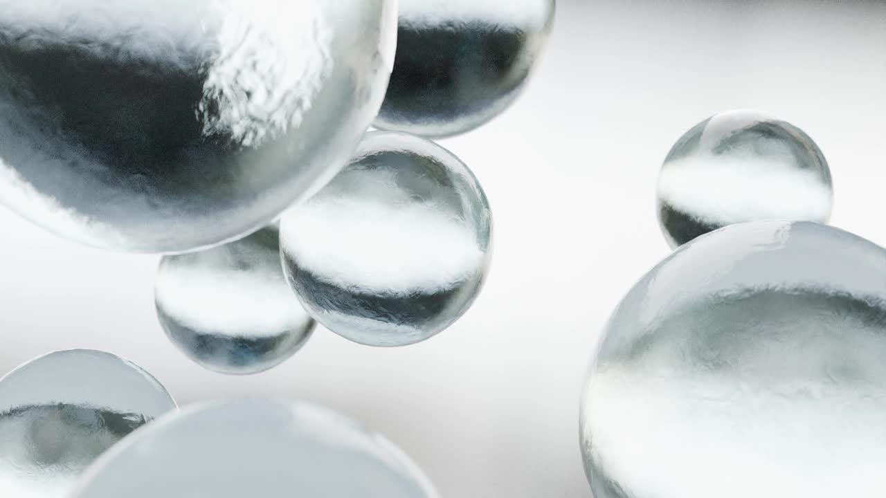 化妆品在水中的泡泡。金液冒泡，流体流动。胶原蛋白，原子漂浮，保湿霜，皮肤精华，维生素，美容概念，3d渲染