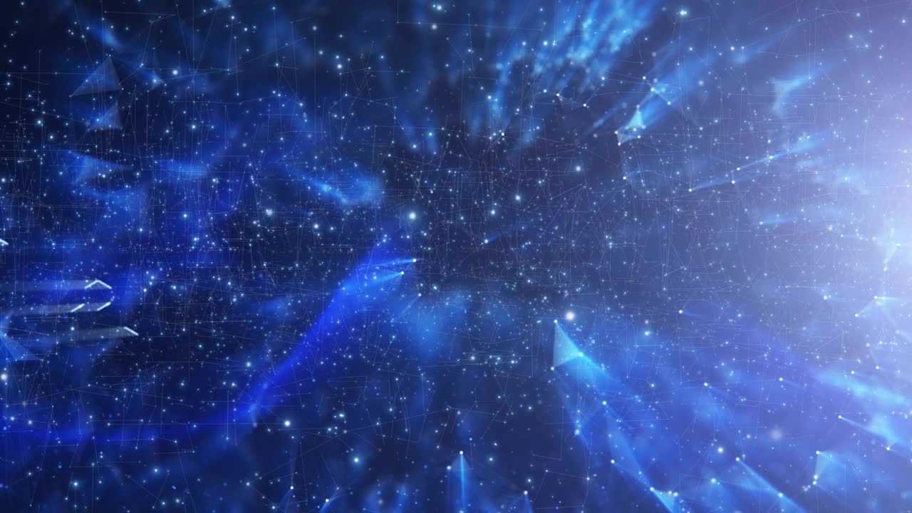 闪亮抽象化学六边形分子动画复制空间蓝色背景。