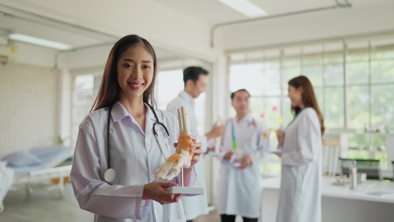 詳情圖-穿著制服的年輕亞洲女性骨科醫生的肖像，抱著人體踝關節骨骼模型，在醫院對著鏡頭微笑。醫療整形外科醫師