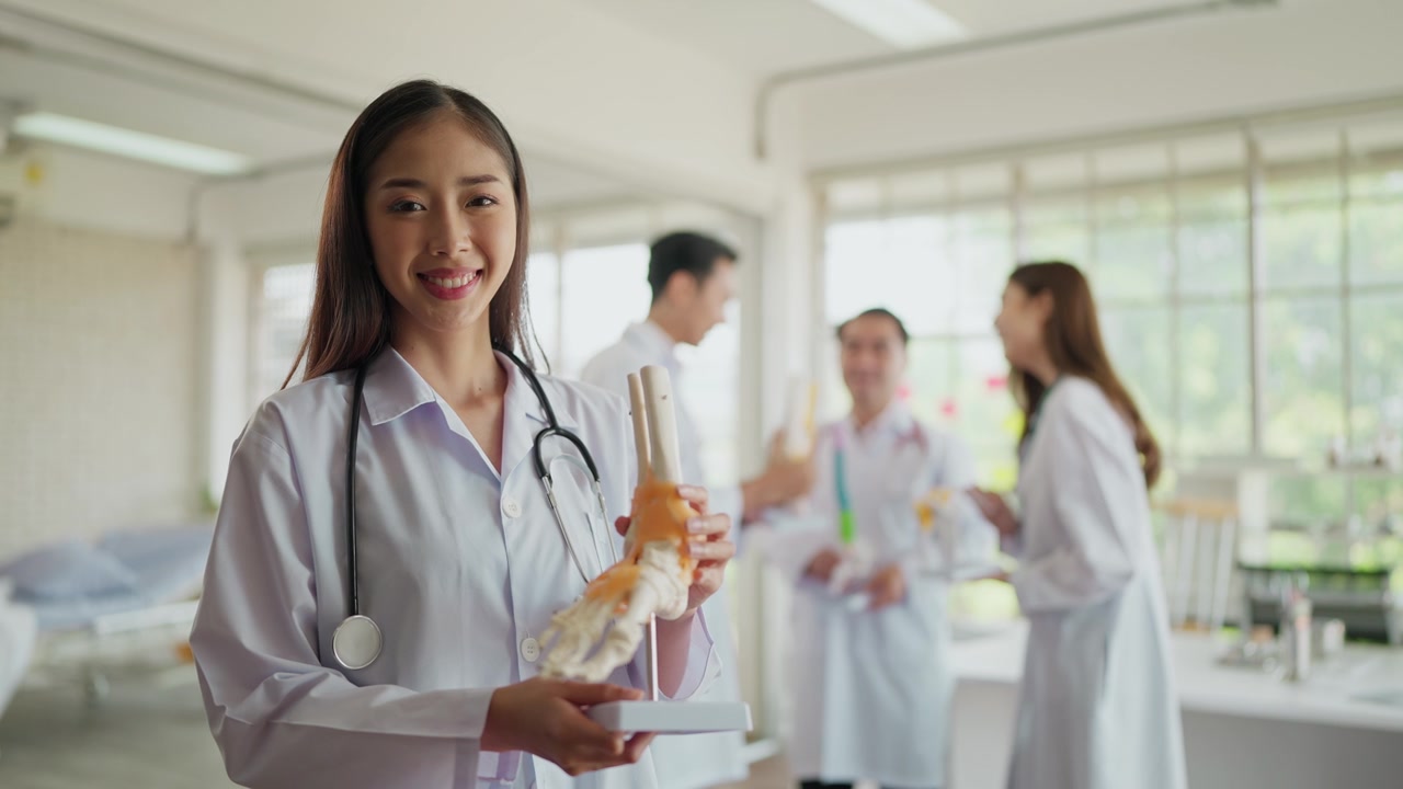 詳情圖-穿著制服的年輕亞洲女性骨科醫生的肖像，抱著人體踝關節骨骼模型，在醫院對著鏡頭微笑。醫療整形外科醫師