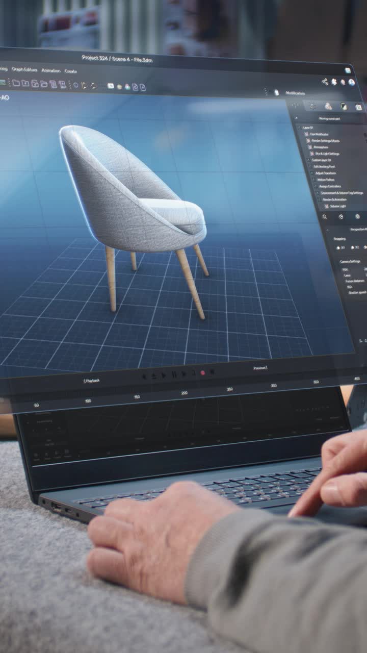 家具设计师在笔记本电脑上创建了时尚木椅的数字3D模型