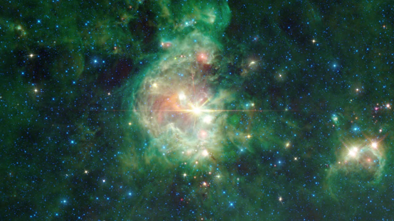 太空旅行NGC2174也被称为猎户座的猴头星云，在太空中穿越恒星场，4K 3D科学电影。这张图片的元素由美国宇航局提供。