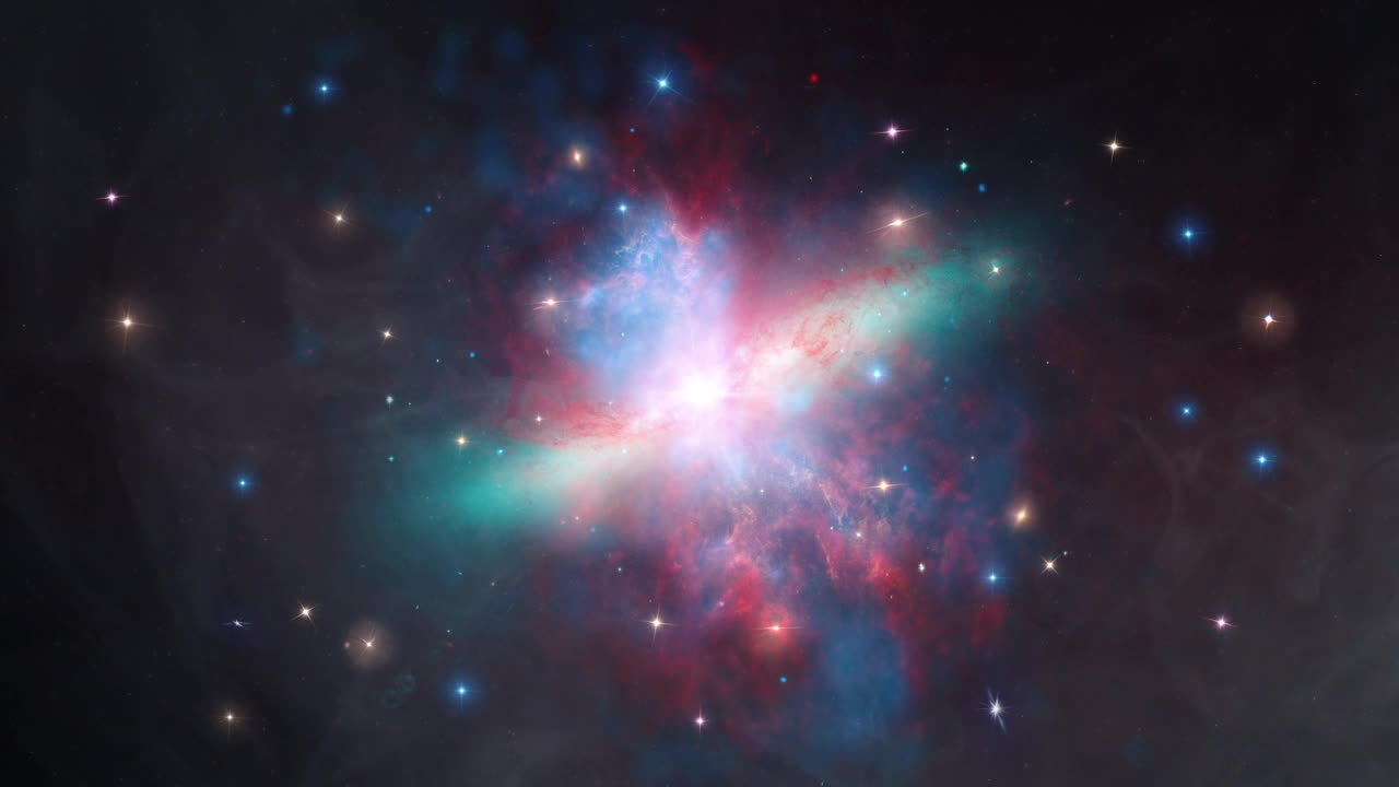 太空旅行梅西耶82也被称为NGC3034星云在星暴星系中，在太空中穿越恒星场，4K 3D科学电影。这张图片的元素由美国宇航局提供。