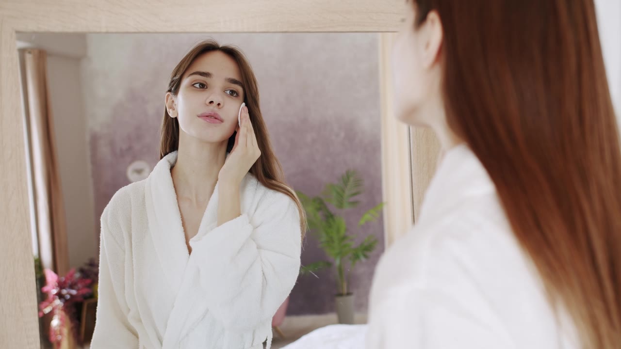 詳情圖-穿著白色浴袍的漂亮女人看著家里的大鏡子